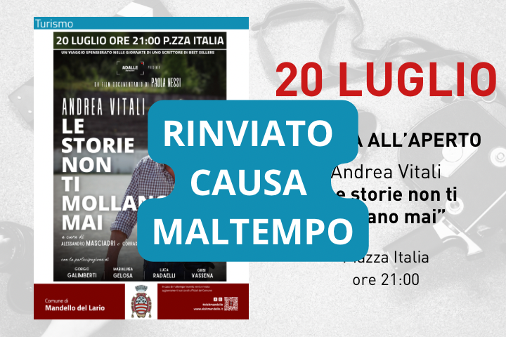 L'immagine riporta la foto dello scrittore Andrea Vitali e i dettagli dell'evento presenti in descrizione