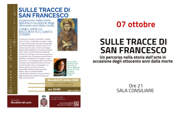 Locandina dell'evento Sulle tracce di San Francesco con ritratto del Santo e della relatrice Daniela Corti