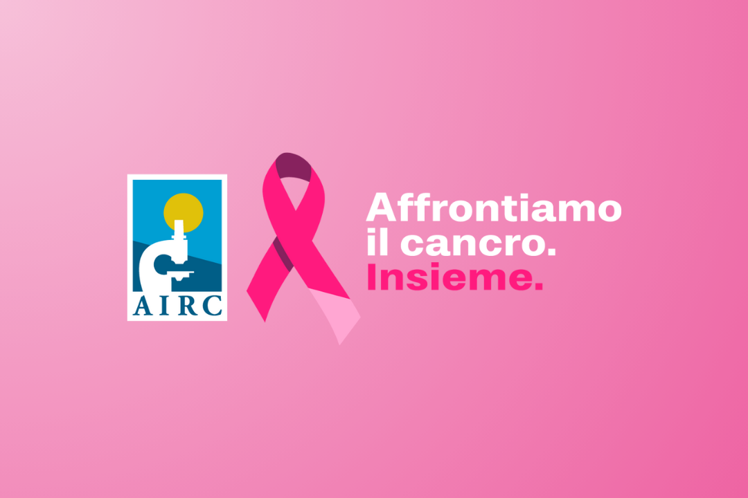 L'immagine riporta il logo della fondazione AIRC, il fiocco rosa e la scritta "Insieme"